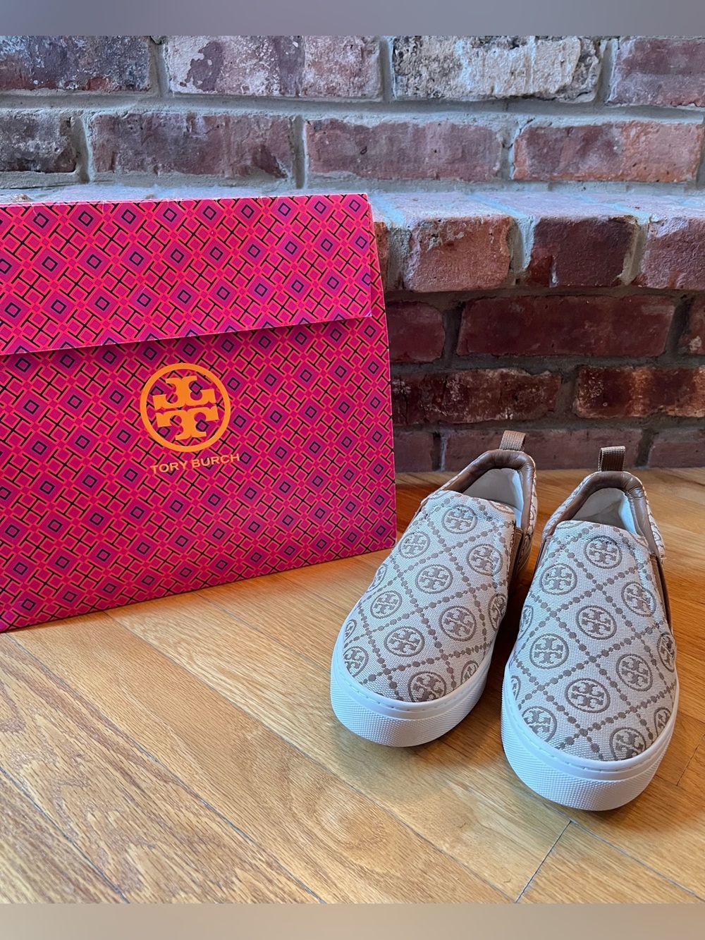 Tory Burch Hazel & Caballo Brown T Monogram Jacquard Slip On Sneakers